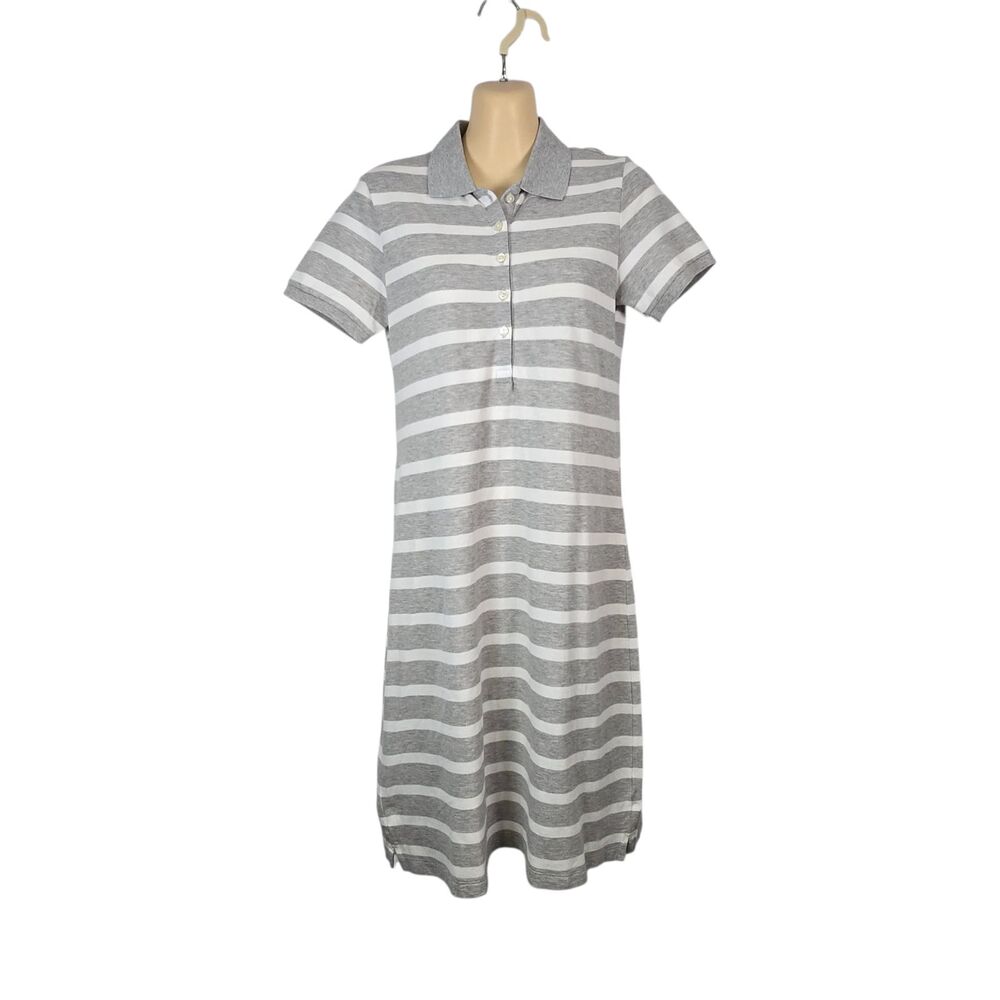 MUJI Women's Medium Grey White Striped Polo Dress Short Sleeve Cotton Blend